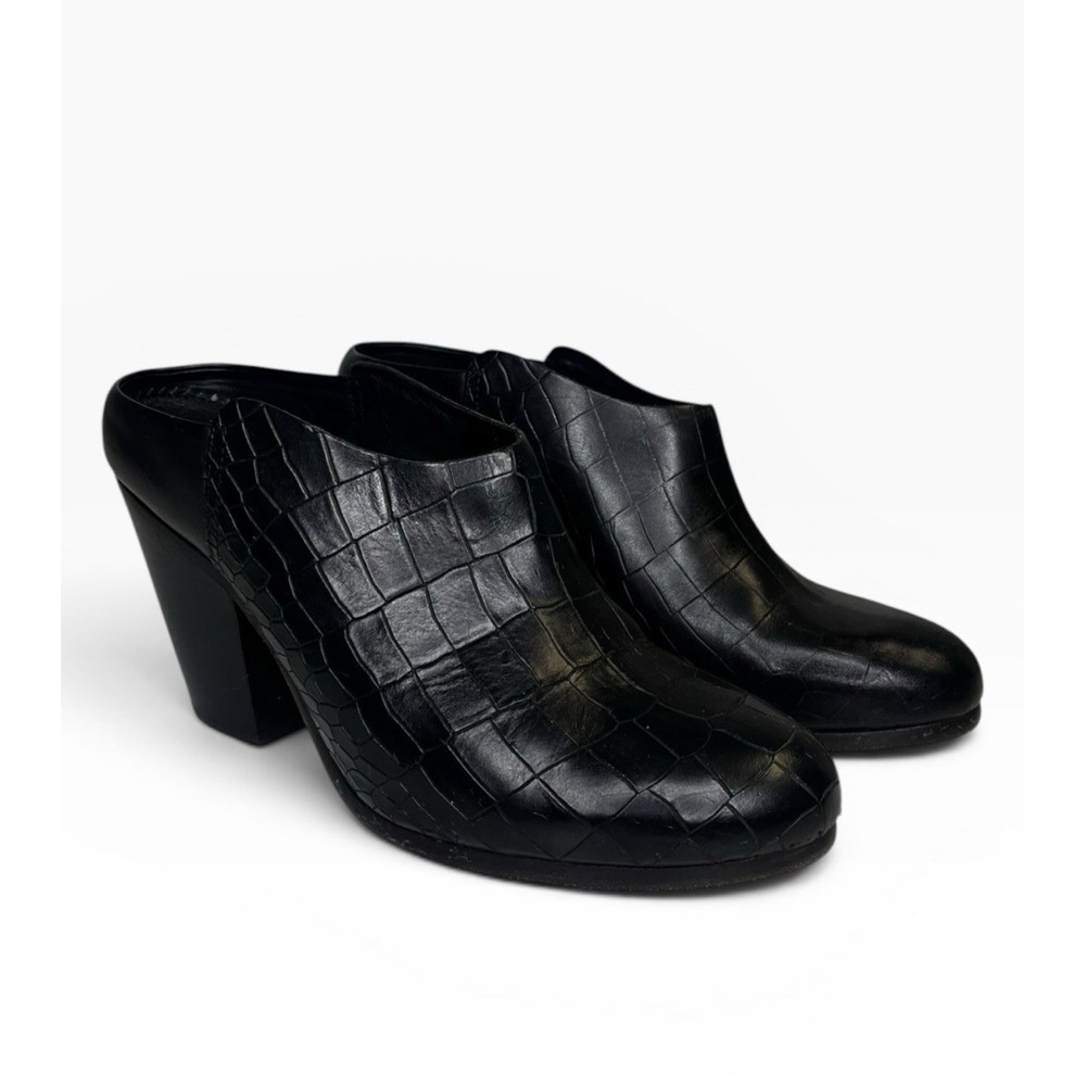 Rag & Bone Enid Black Leather Mules Croc Stamp 39 US 9 Almond‎ Toe Stacked Heel